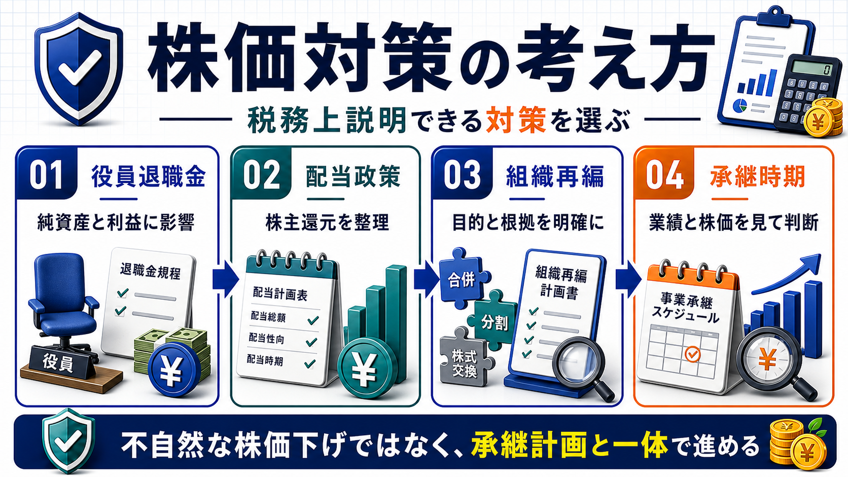 自社株評価を下げる株価対策の考え方の要点を整理した図
