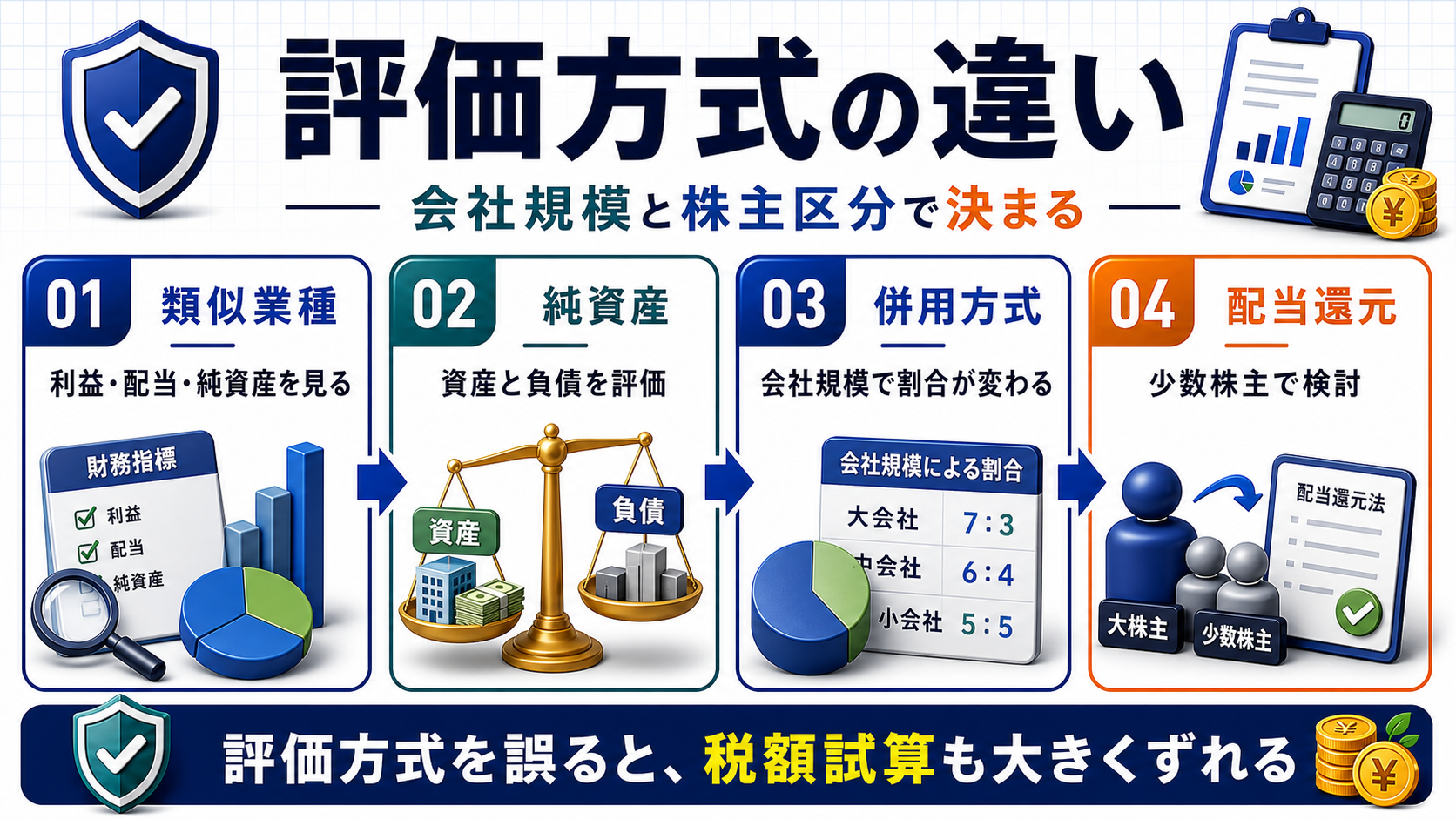 自社株評価の方法：類似業種比準方式・純資産価額方式・配当還元方式の要点を整理した図