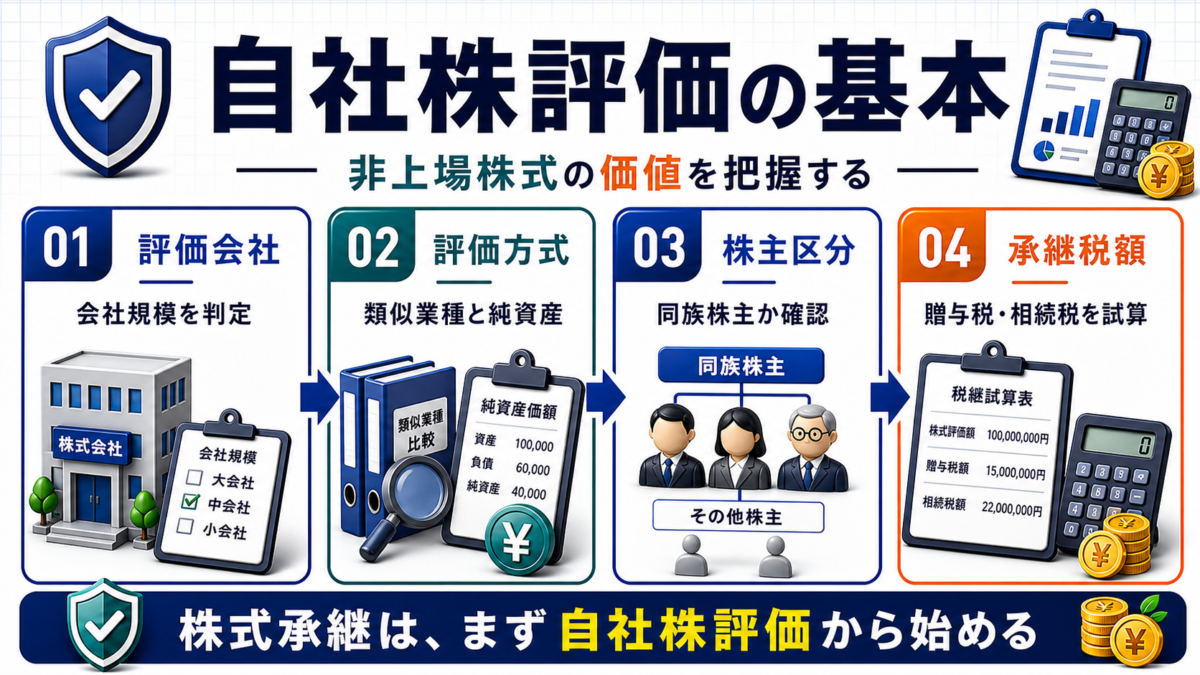 自社株評価とは：非上場株式の税務上の価額を計算することを説明する日本語B2Bインフォグラフィック