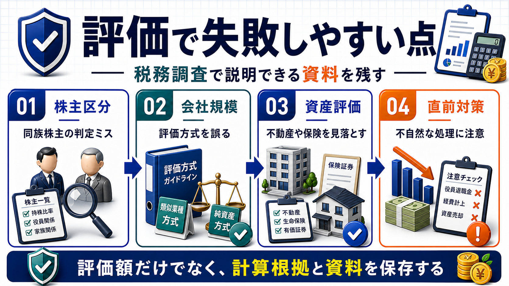 自社株評価で失敗しやすいポイントの要点を整理した図