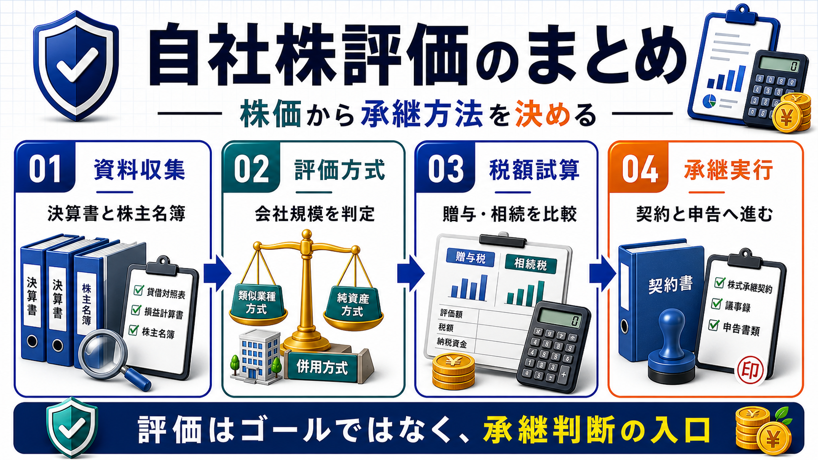まとめ：自社株評価は事業承継の出発点を説明する日本語B2Bインフォグラフィック