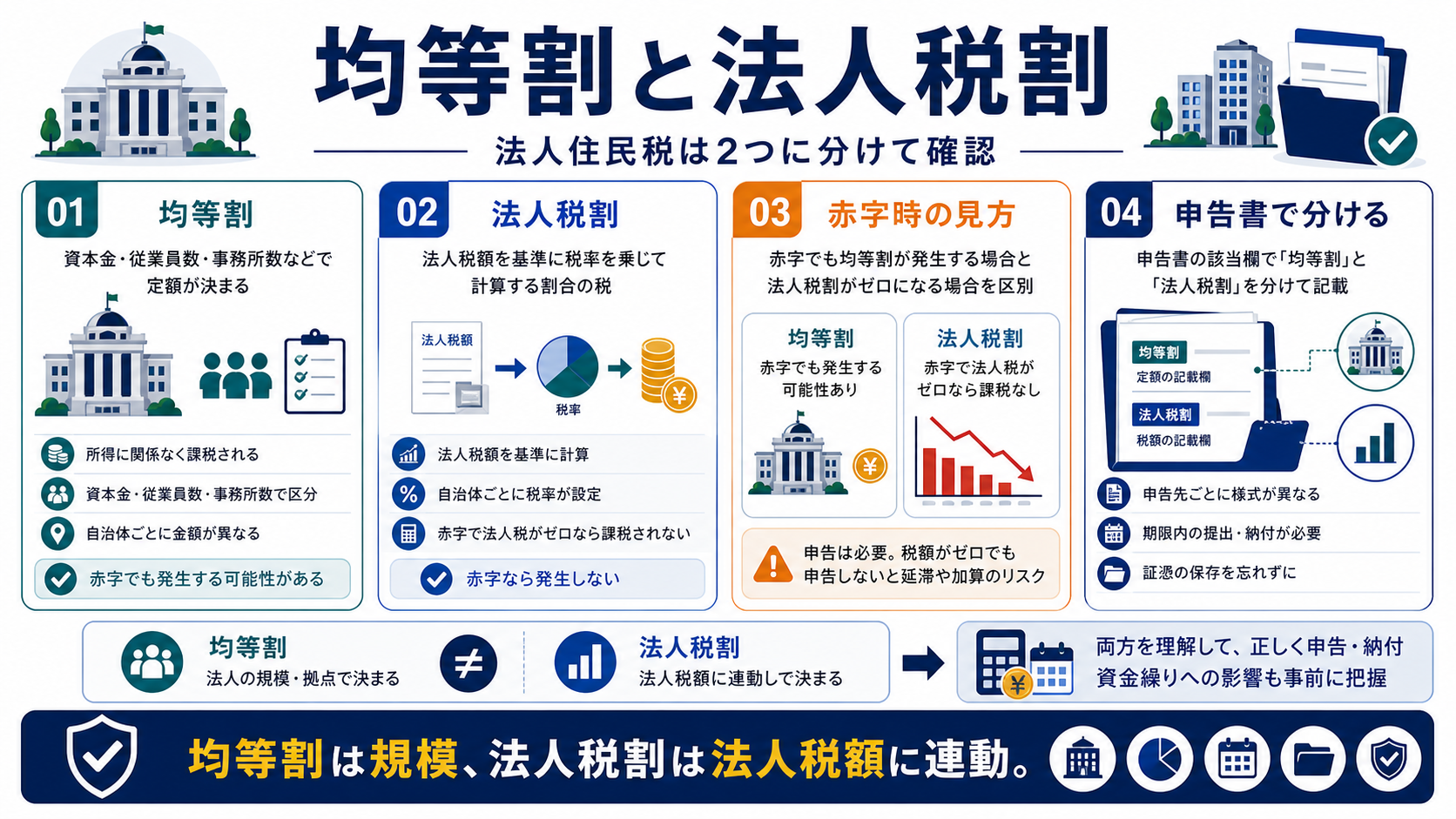 均等割と法人税割の違いの要点を整理した図