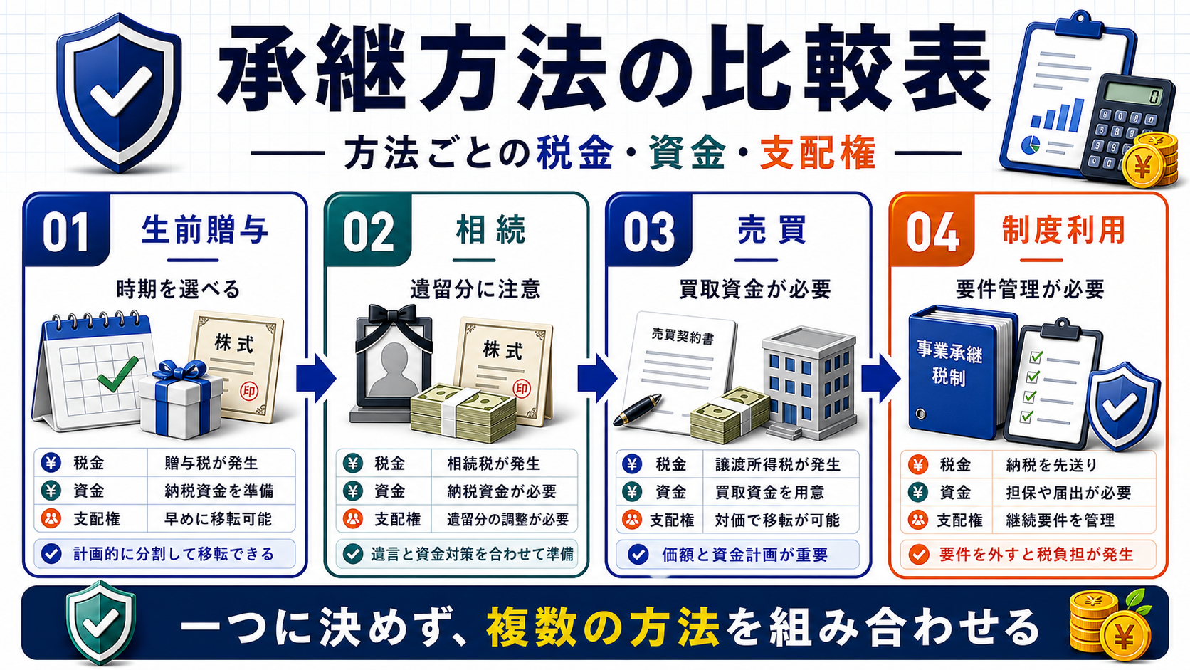 株式承継の方法別比較表の要点を整理した図
