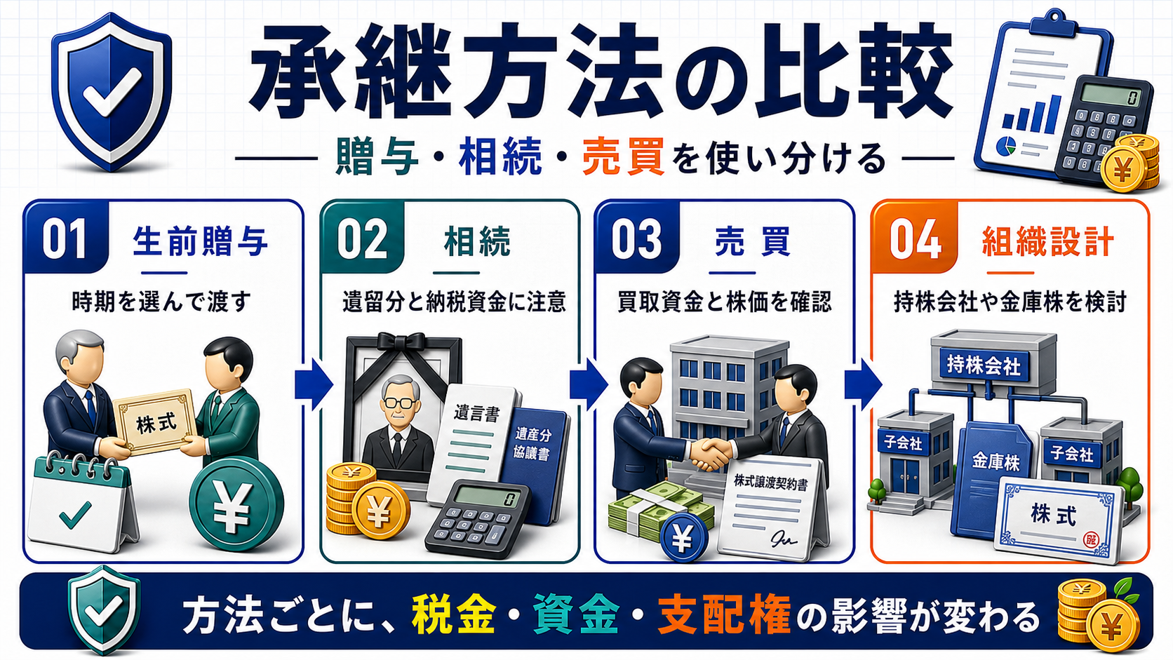 株式承継の方法：生前贈与・相続・売買の違いの要点を整理した図
