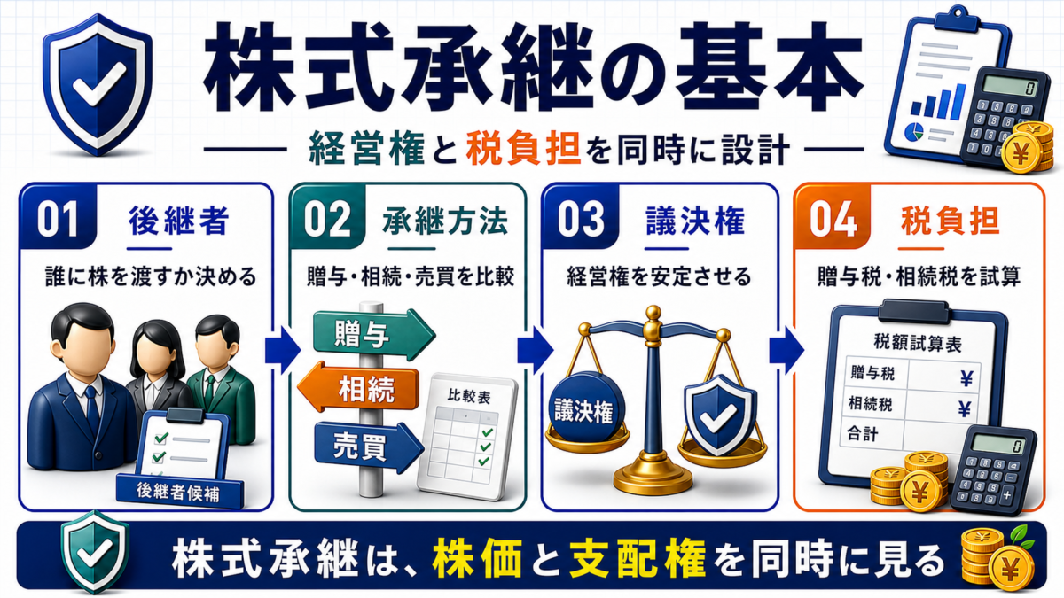 株式承継とは：会社の所有権と経営権を後継者へ移すことを説明する日本語B2Bインフォグラフィック
