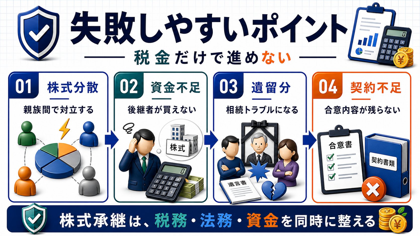 株式承継で起きやすいトラブルの要点を整理した図
