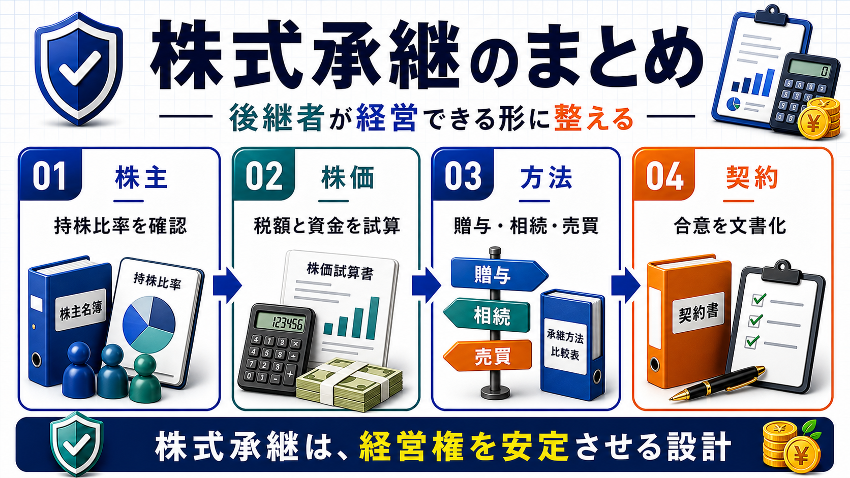まとめ：株式承継は税額と議決権を同時に設計するを説明する日本語B2Bインフォグラフィック