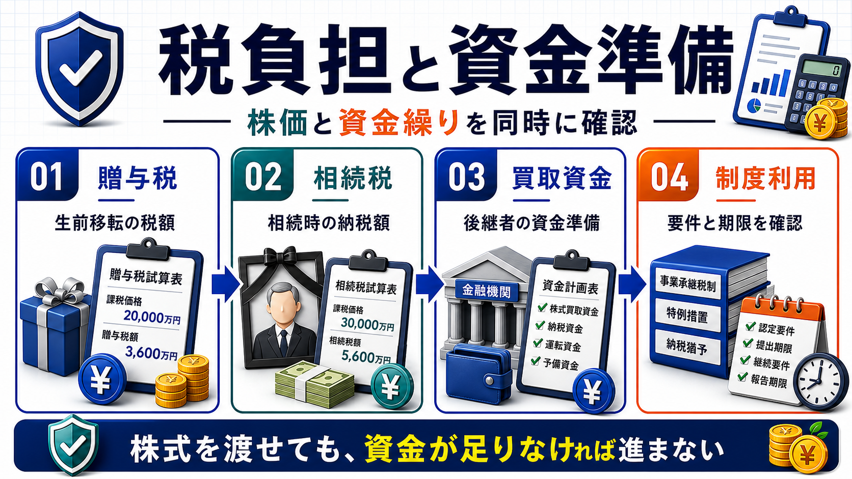株式承継の税負担と資金繰りの要点を整理した図