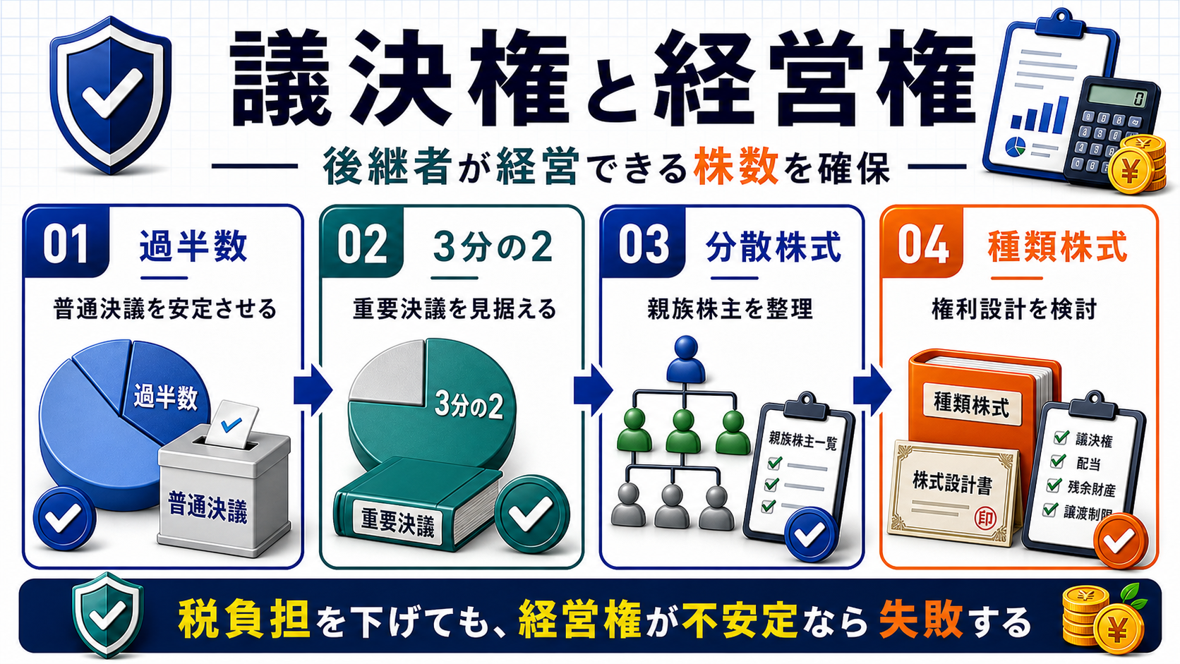 議決権設計：何％の株式を後継者へ移すべきかの要点を整理した図