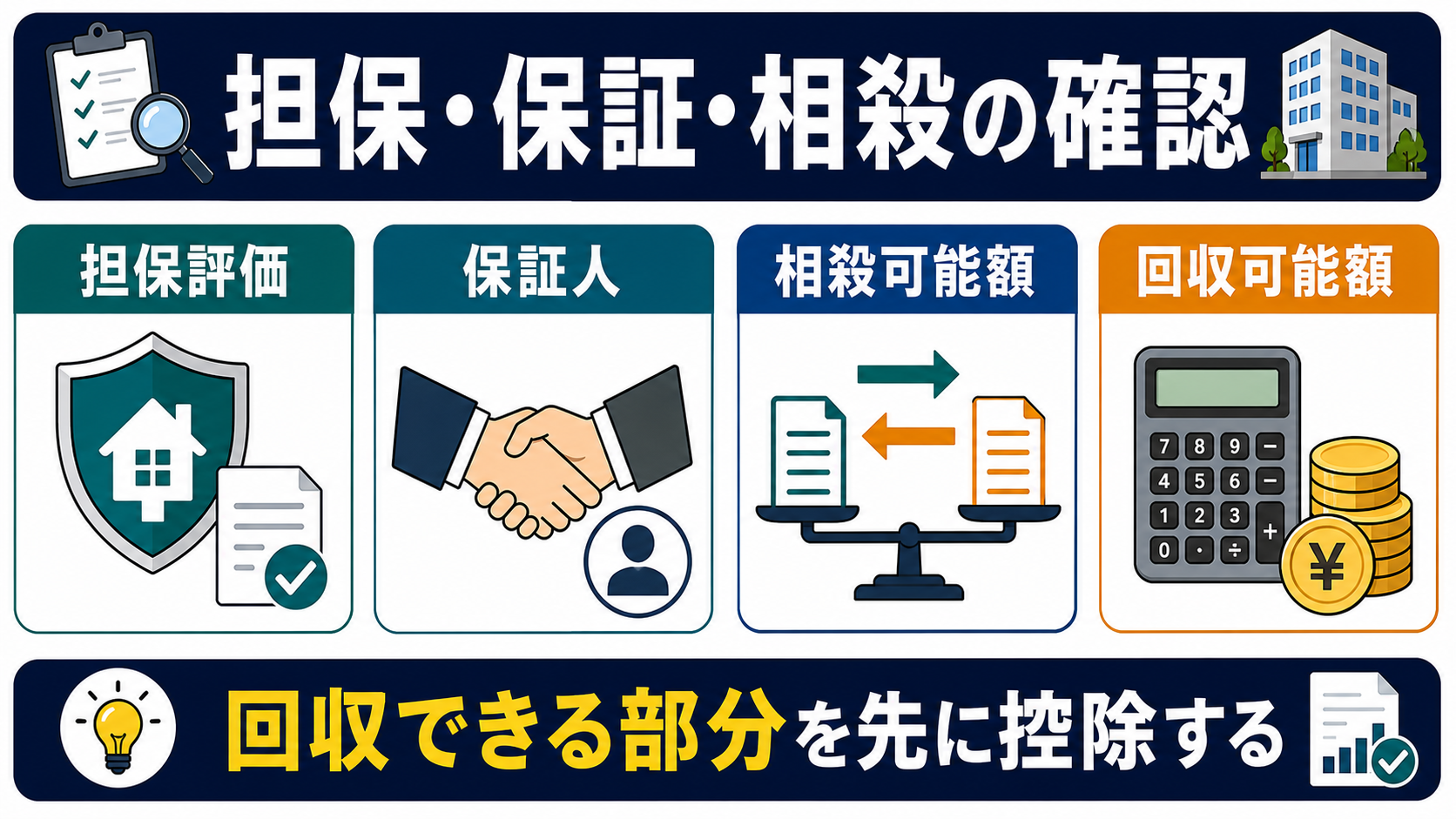 担保・保証・相殺可能性の確認ポイントの要点を整理した図