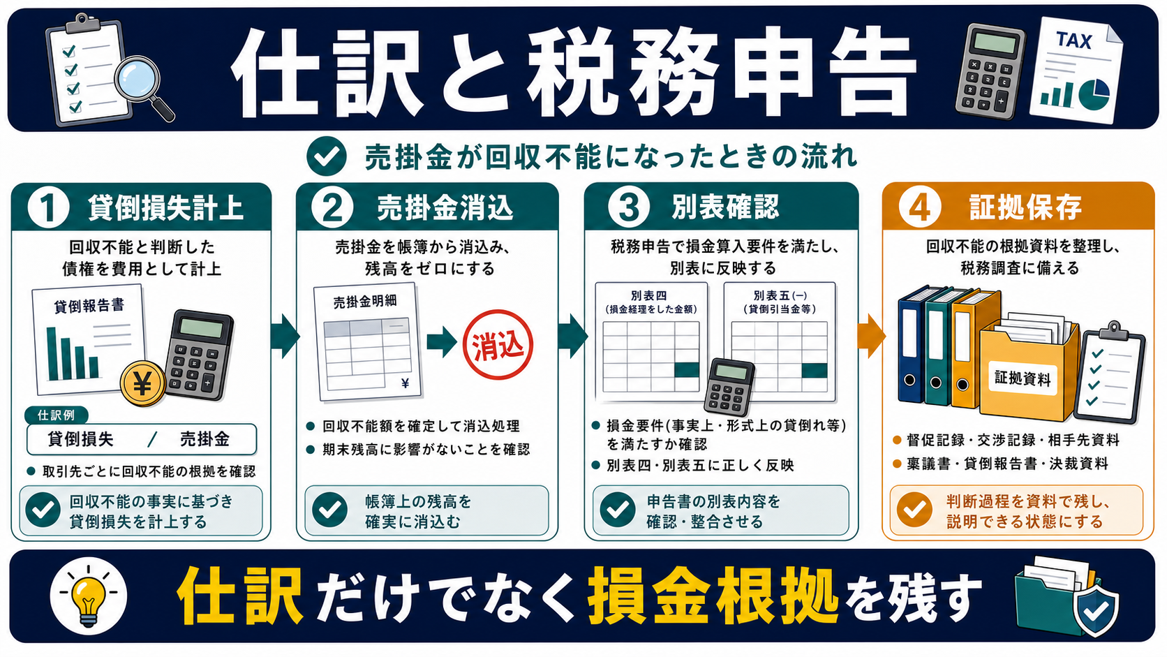 売掛金が回収不能になったときの仕訳と税務申告の要点を整理した図