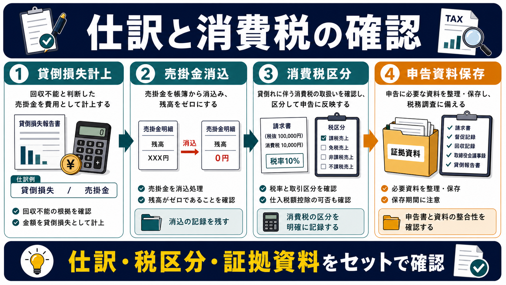 売掛金貸倒の仕訳と消費税の確認の要点を整理した図