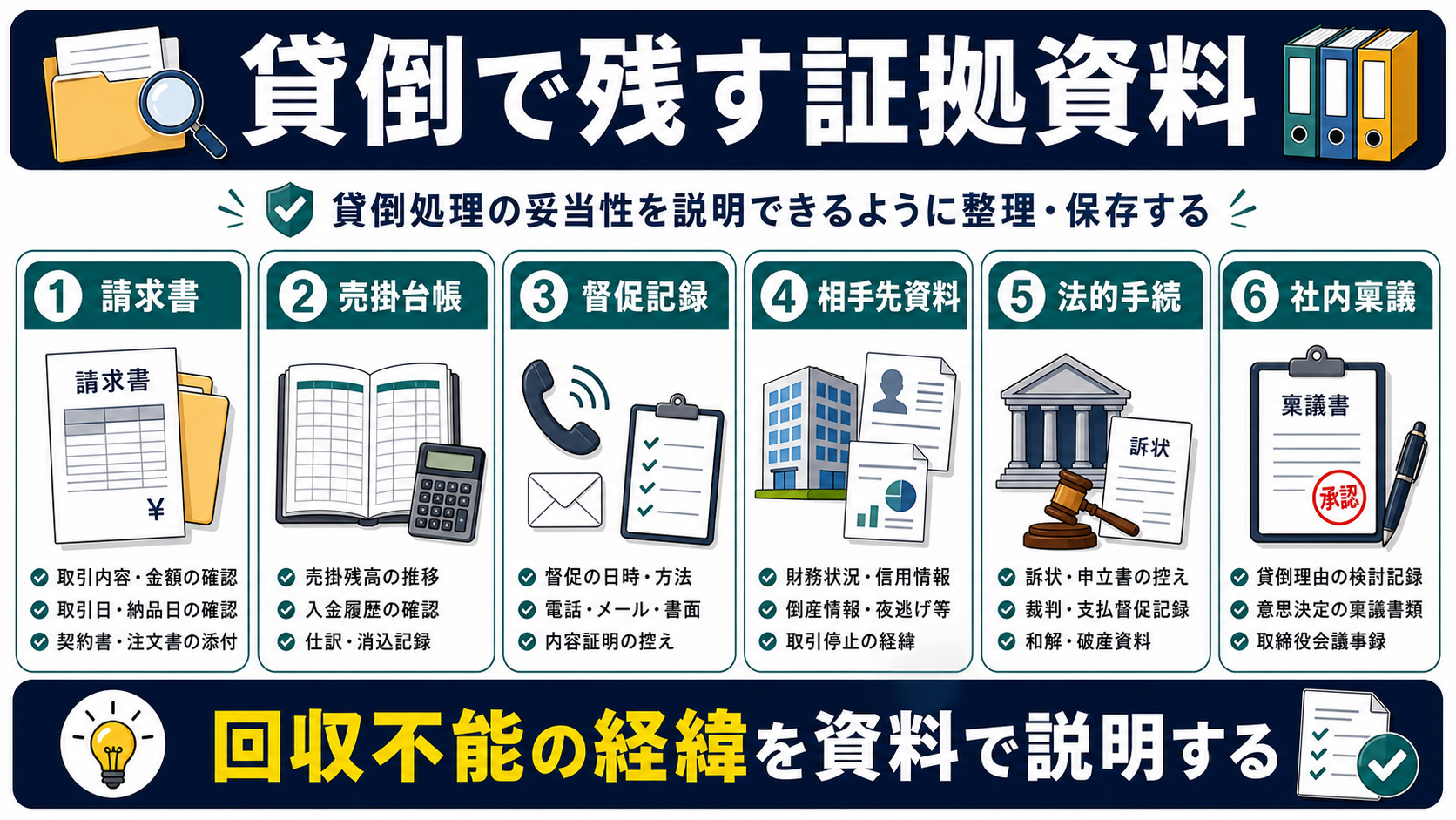 売掛金の貸倒で残すべき証拠資料の要点を整理した図