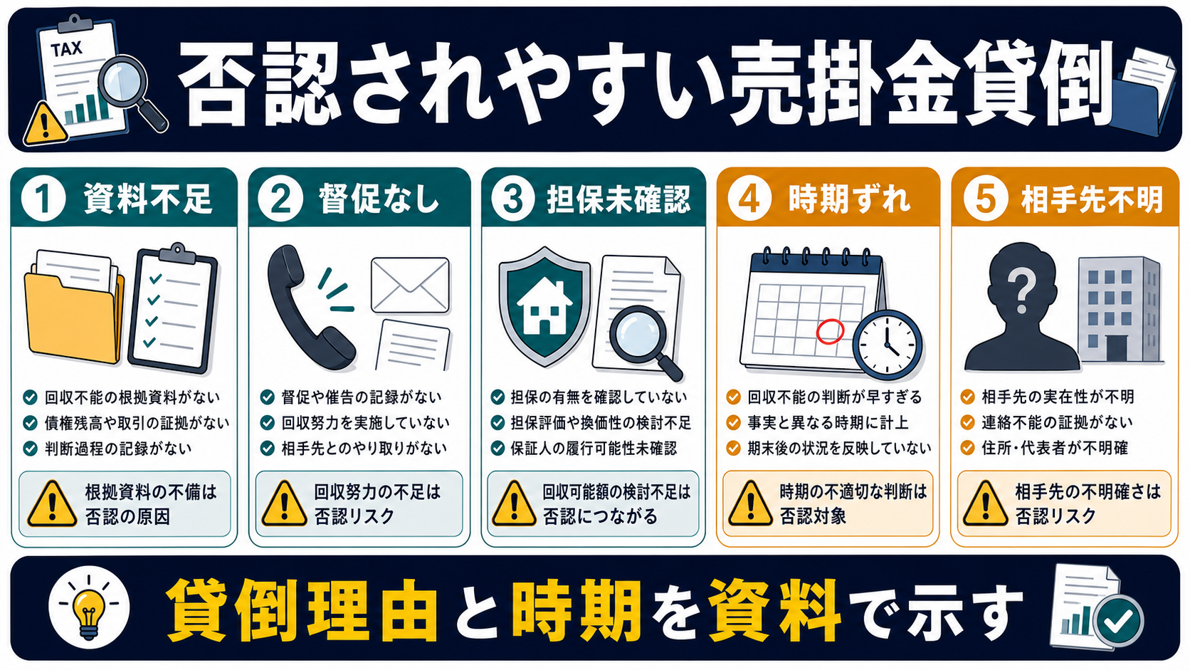 税務調査で否認されやすい売掛金貸倒の要点を整理した図