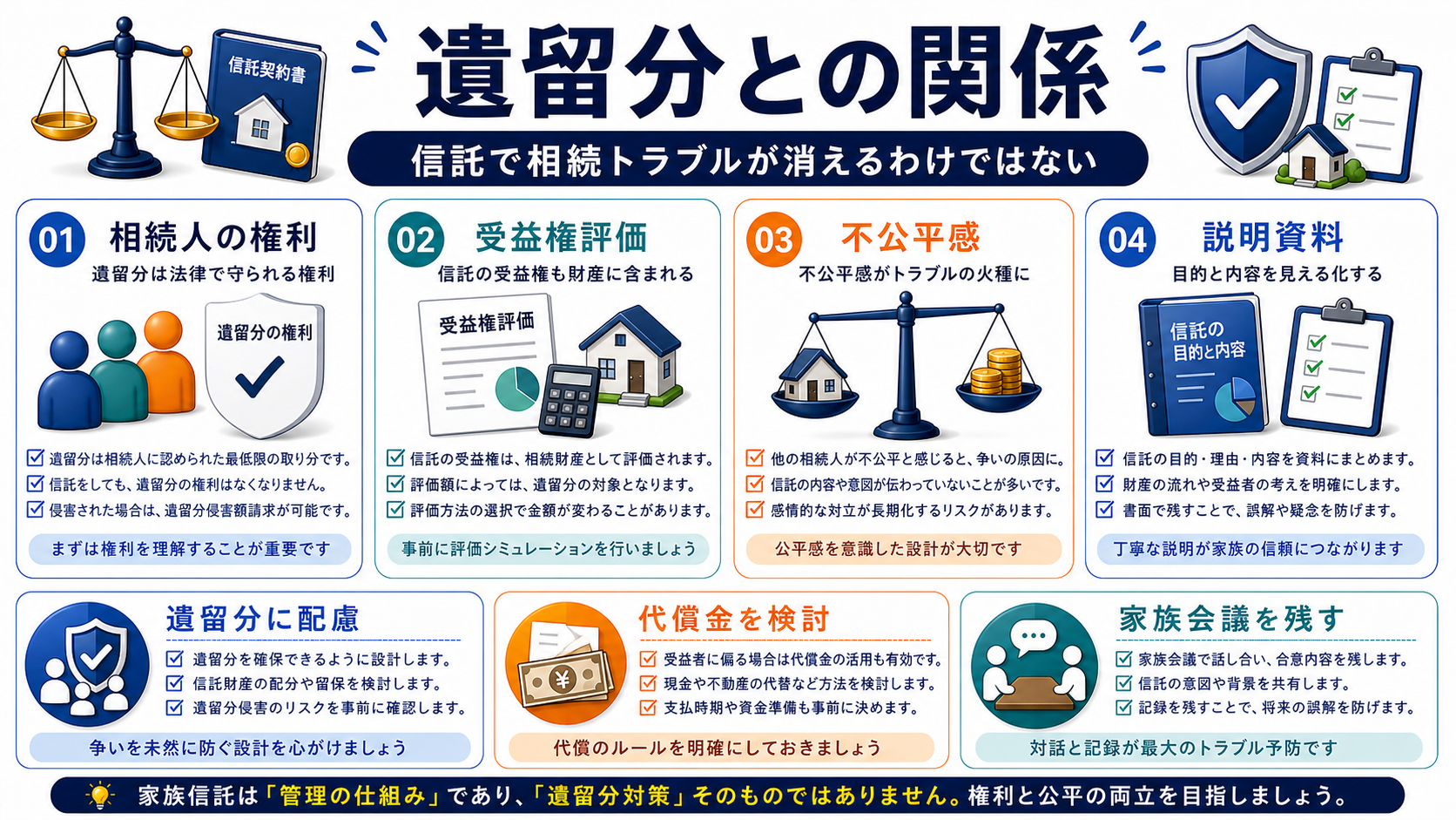 家族信託と遺留分:信託契約でも相続人の最低限の権利は無視できないの要点を整理した図