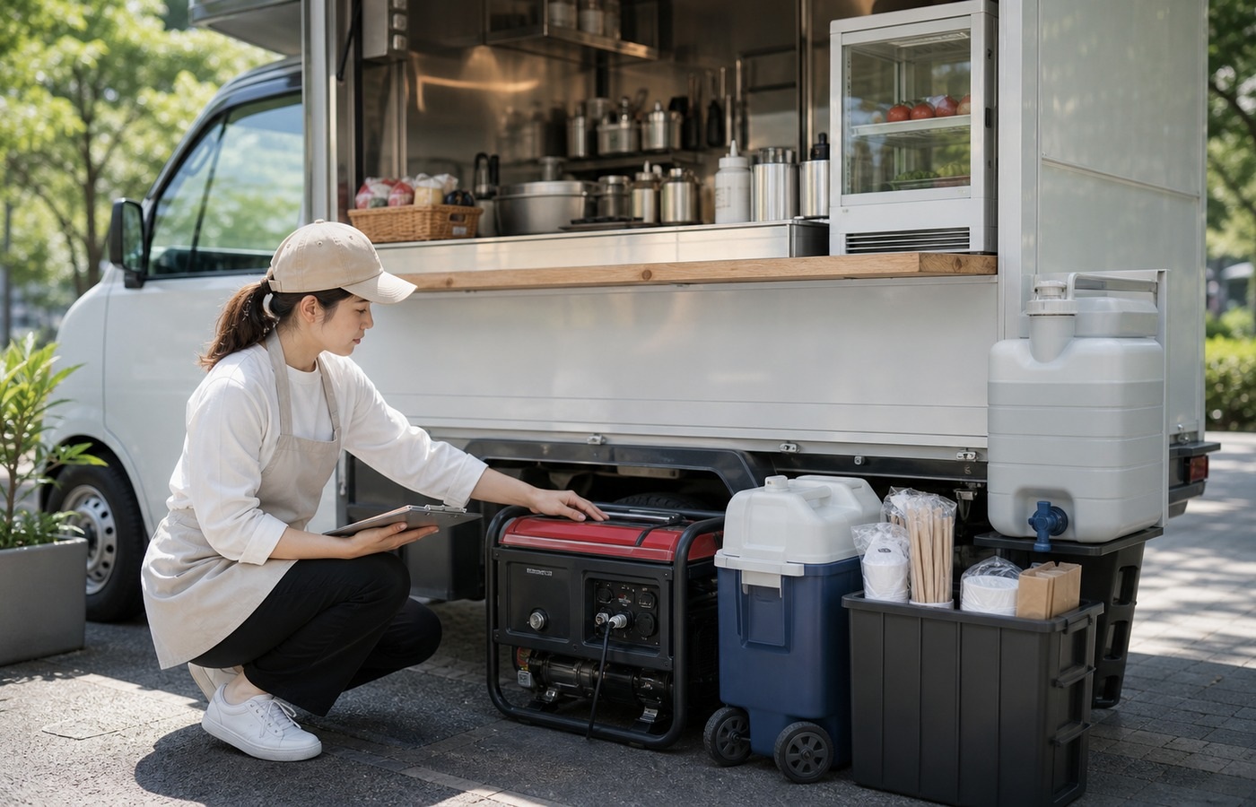 イベント出店前にキッチンカー設備を点検するイメージ