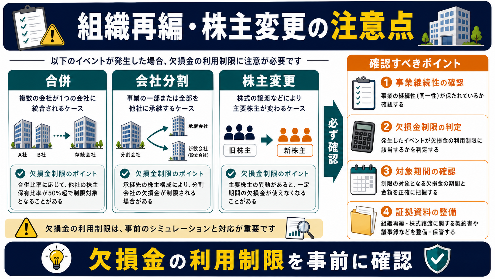 繰越欠損金の「組織再編・株主変更で注意すること」を整理した図解