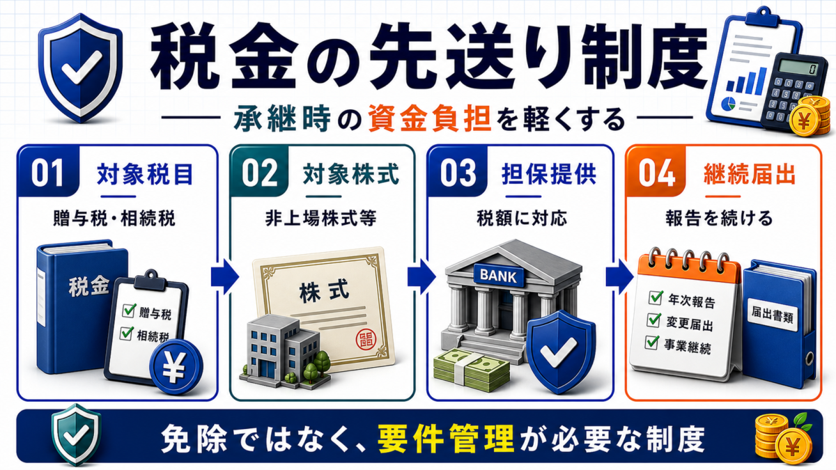 納税猶予とは：税金の支払いを一定期間先送りする制度を説明する日本語B2Bインフォグラフィック