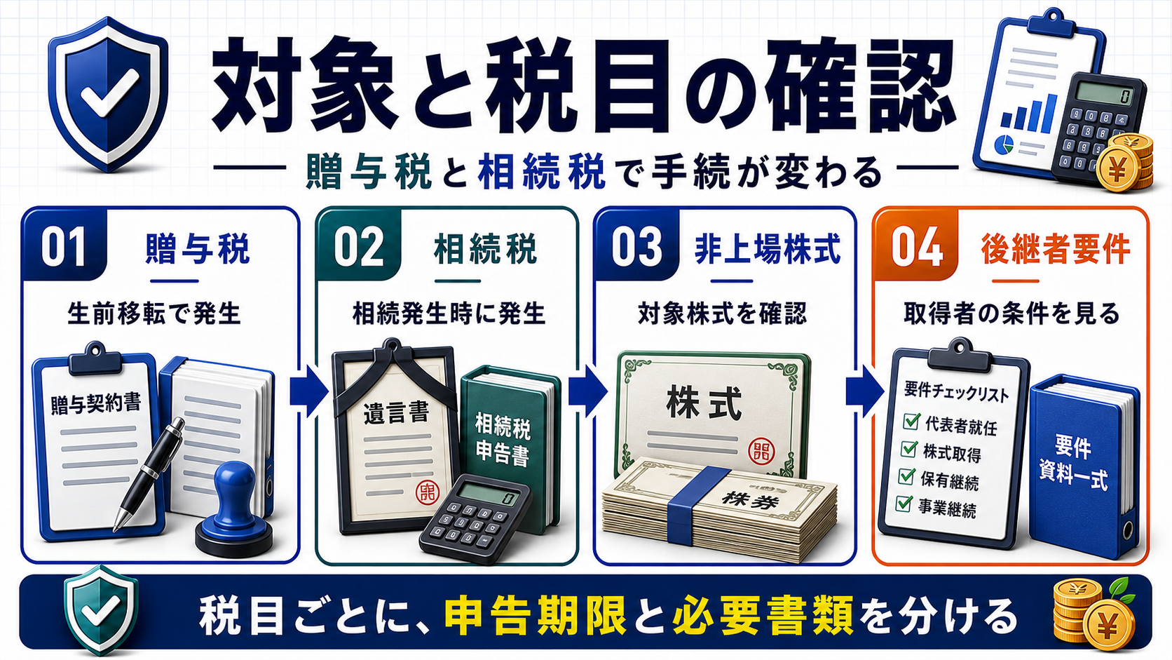 事業承継税制で納税猶予の対象になる税金の要点を整理した図