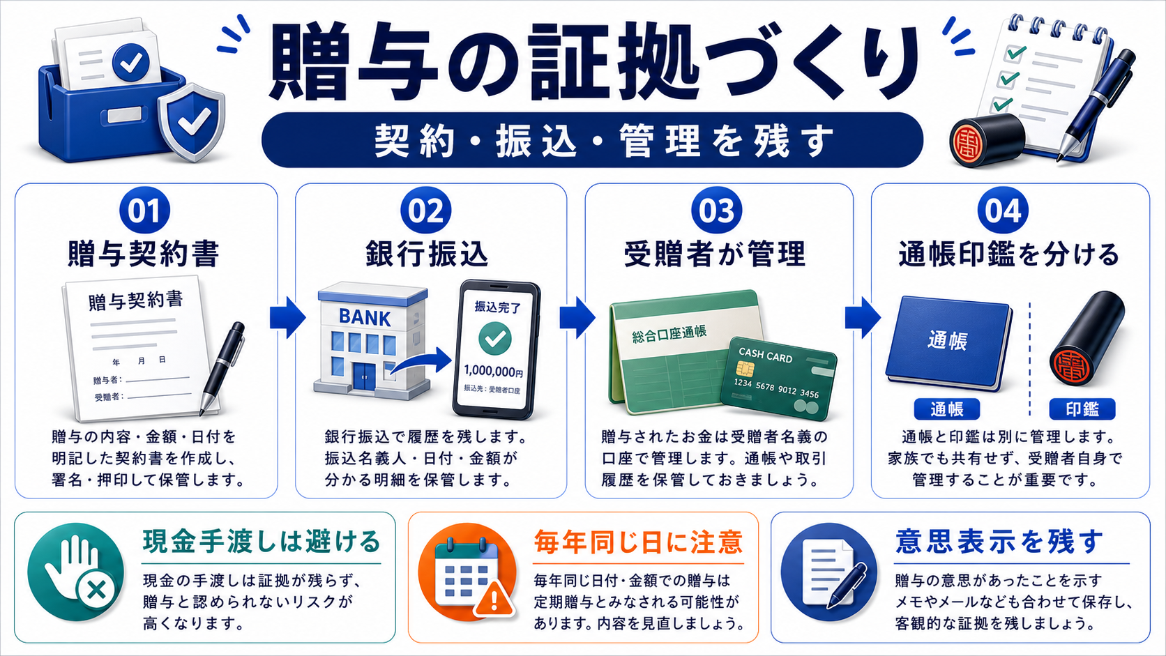 贈与契約書と証拠： 名義預金 と見られないための実務の要点を整理した図