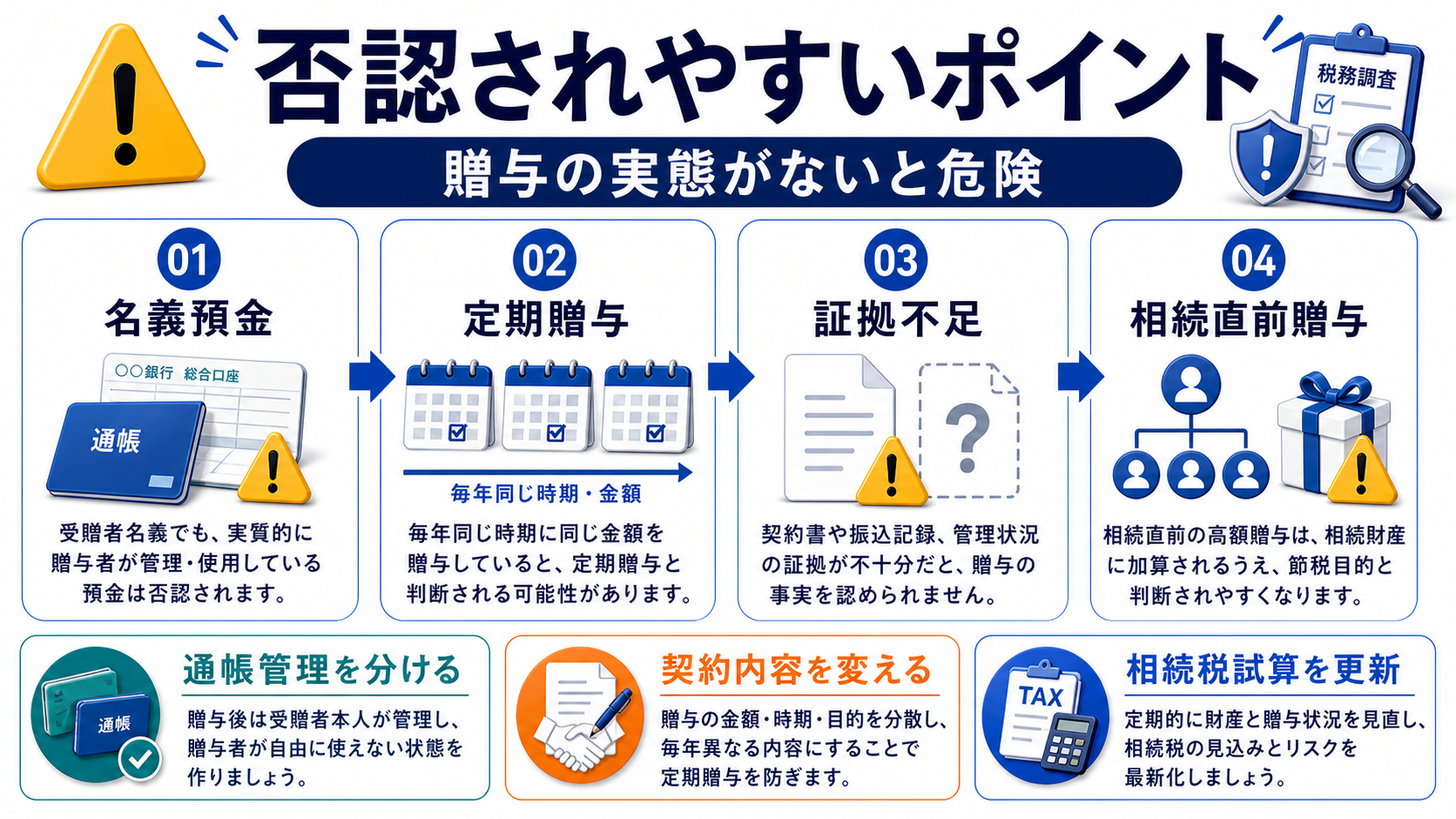 暦年贈与のデメリット：相続税対策だけで続けると否認リスクが残るの要点を整理した図