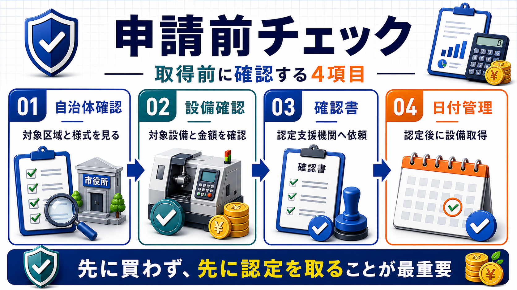 先端設備等導入計画の申請前に自治体、設備、確認書、日付管理を確認する図解