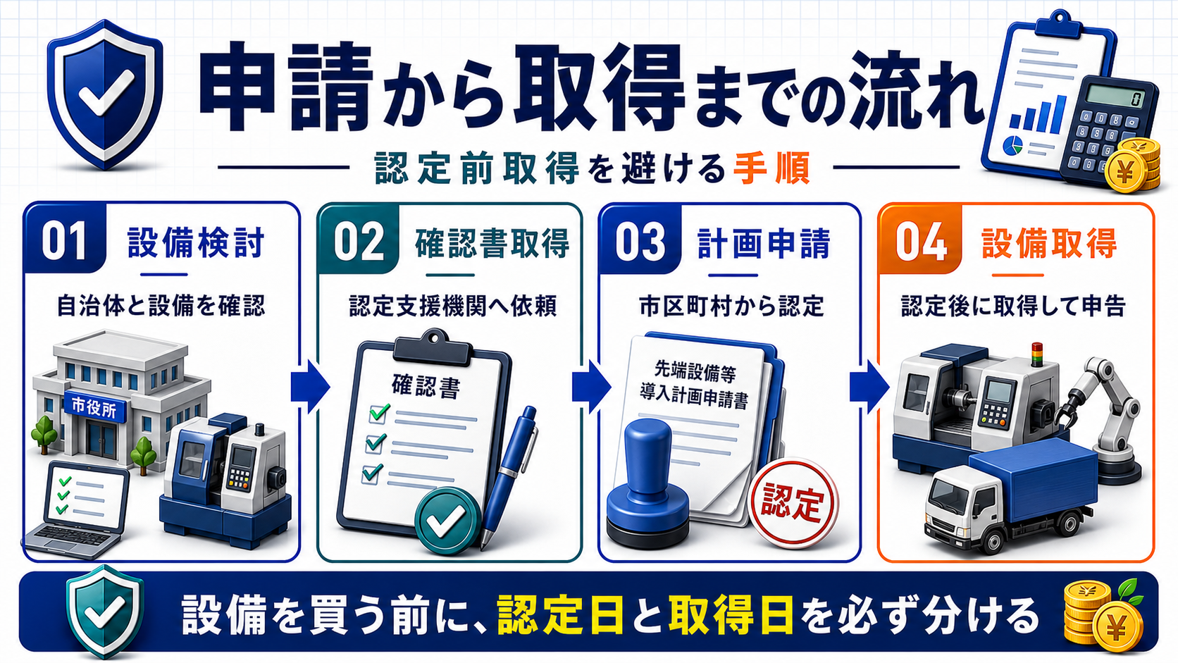 先端設備等導入計画の設備検討、確認書取得、計画申請、設備取得の流れを整理した図解