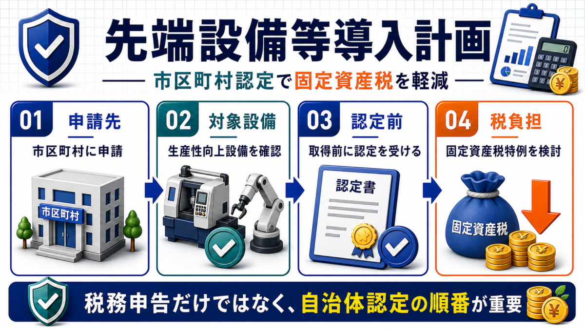 先端設備等導入計画の市区町村認定、対象設備、認定前取得、固定資産税特例を整理した図解