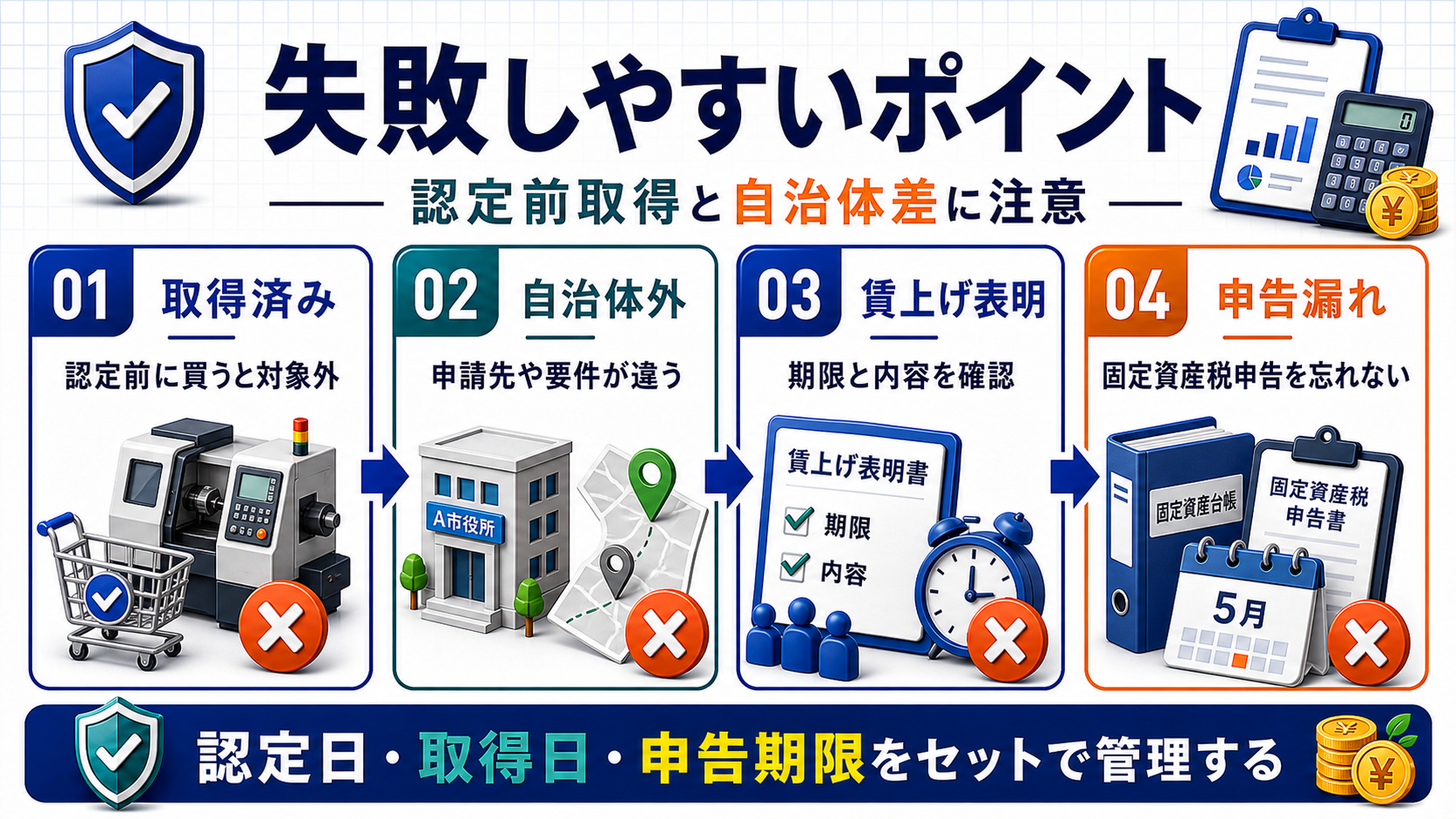 先端設備等導入計画の認定前取得、自治体外、賃上げ表明、申告漏れの注意点を整理した図解