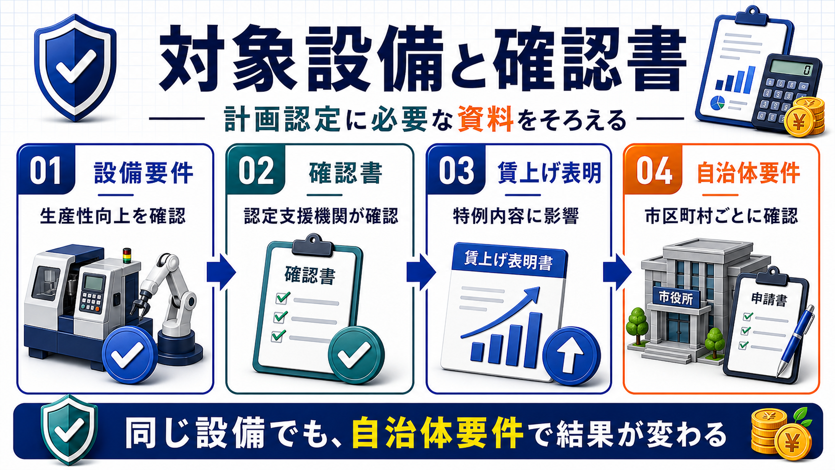 先端設備等導入計画の対象設備、確認書、賃上げ表明、自治体要件を整理した図解