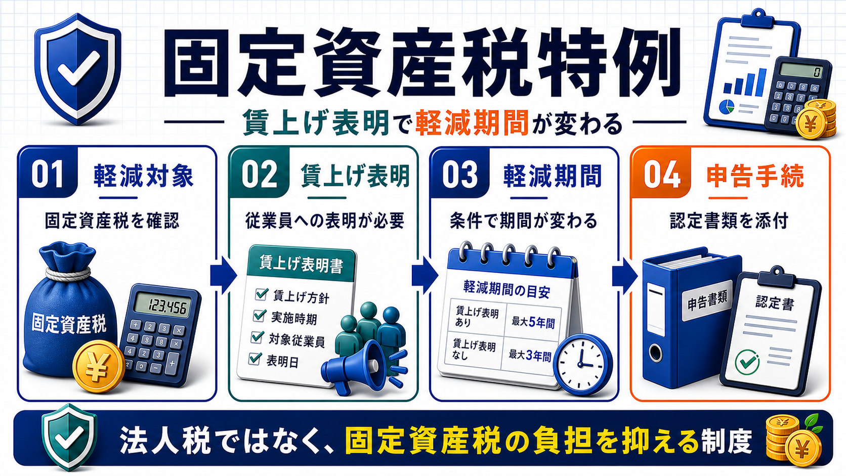 先端設備等導入計画の固定資産税特例、賃上げ表明、軽減期間、申告手続を整理した図解