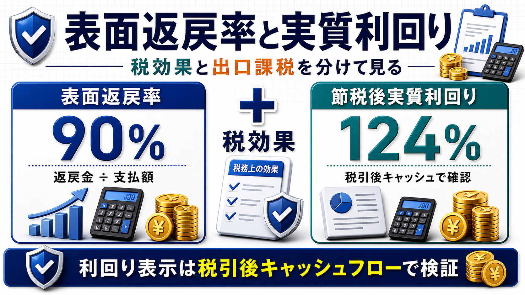 表面返戻率と節税後実質収支の違いを比較する図解