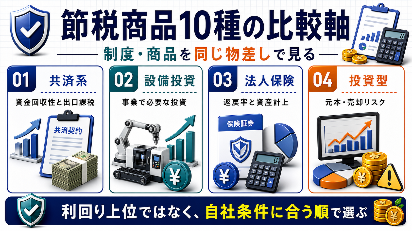 節税商品10種を共済系や設備投資型などの比較軸で整理する図解