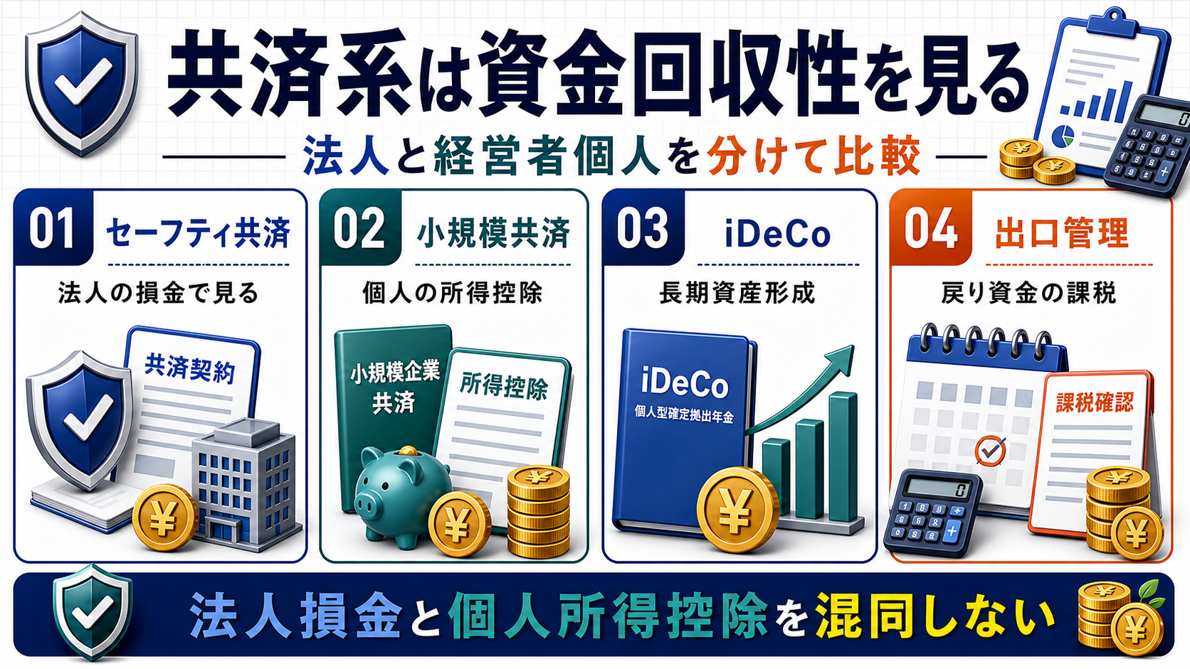 経営セーフティ共済や小規模企業共済など共済系の資金回収性を比較する図解