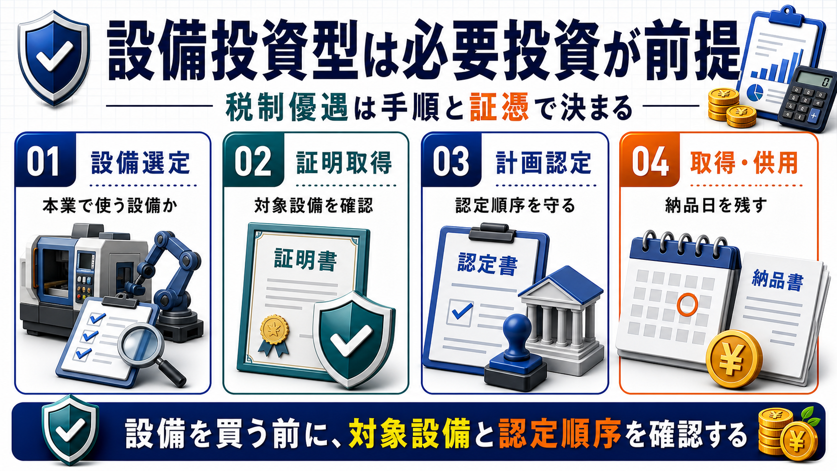 設備投資型節税で対象設備と認定順序を確認する図解
