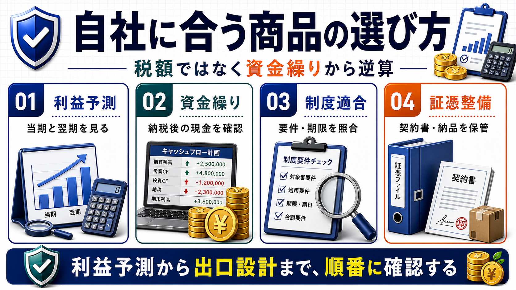 自社に合う節税商品を利益予測から出口設計まで選ぶ図解