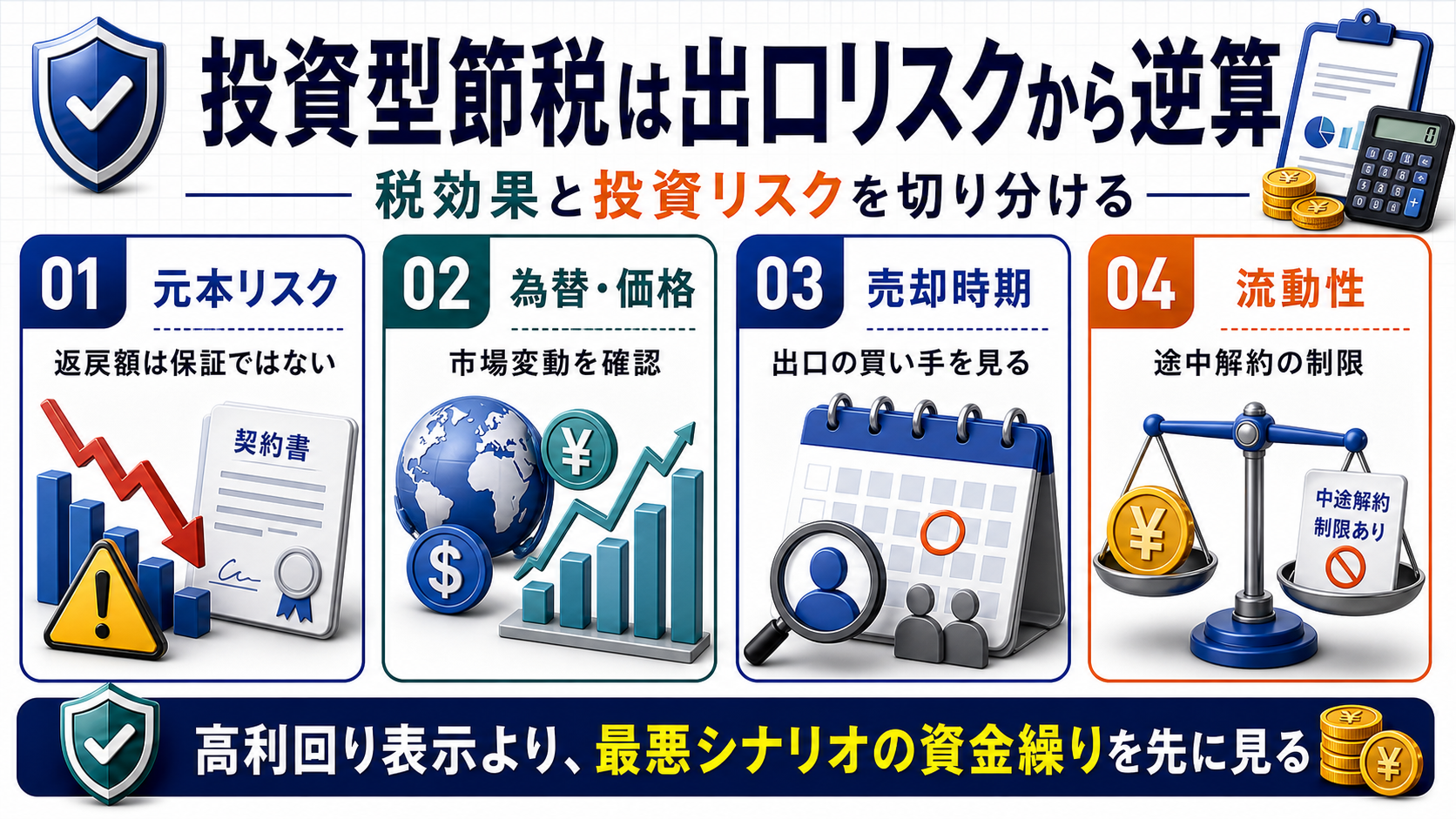 投資型節税商品の出口リスクを元本や流動性から逆算する図解
