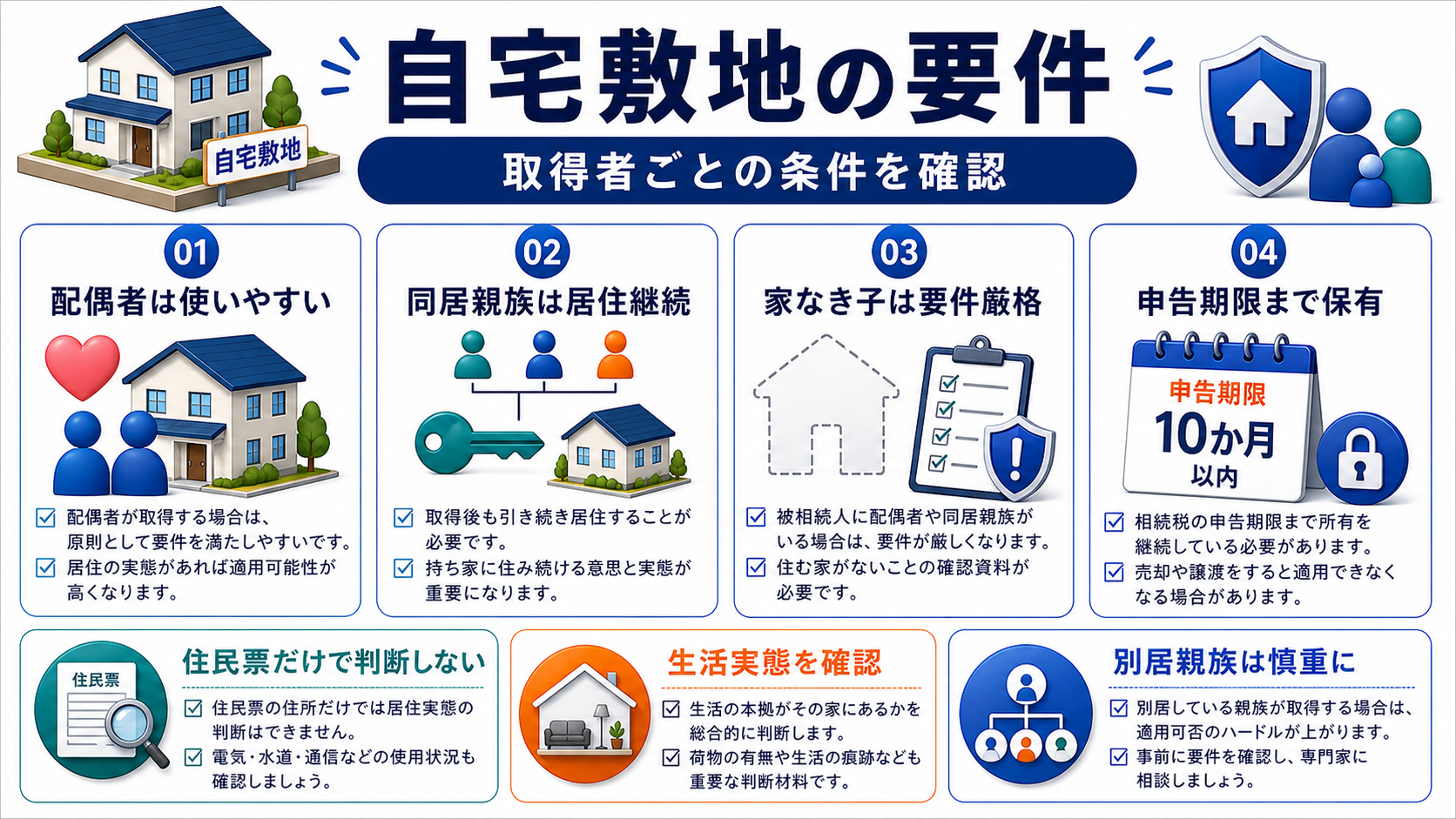 自宅の土地で使う場合:配偶者・同居親族・家なき子の要件の要点を整理した図