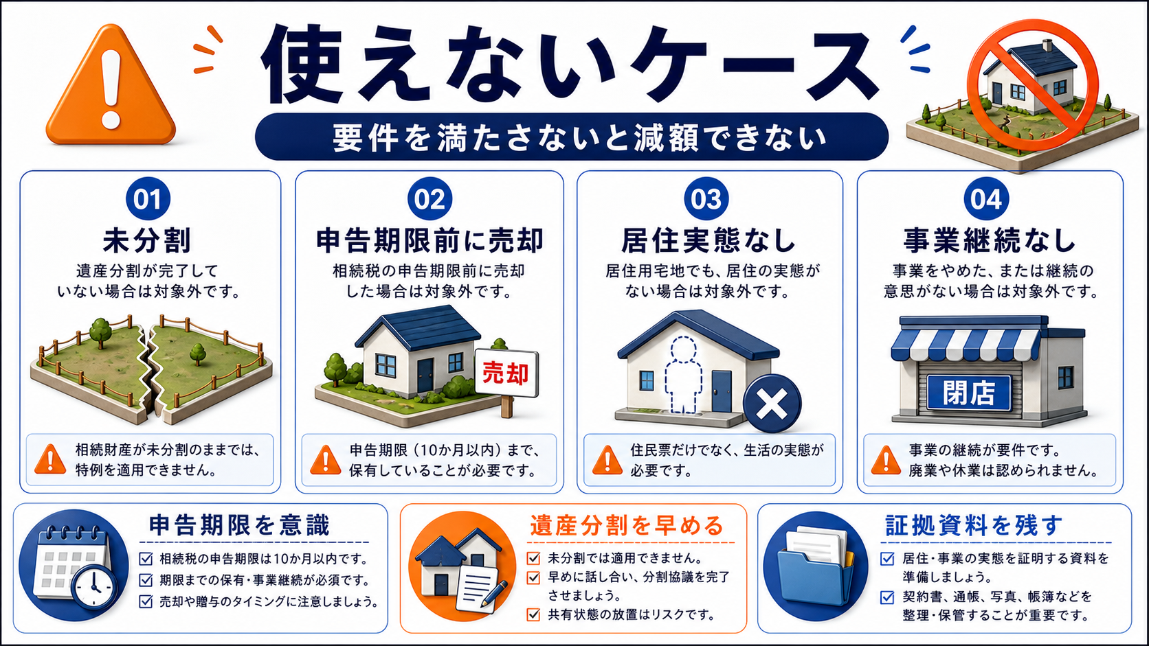 使えないケースと失敗例:未分割・売却・居住実態なしに注意の要点を整理した図