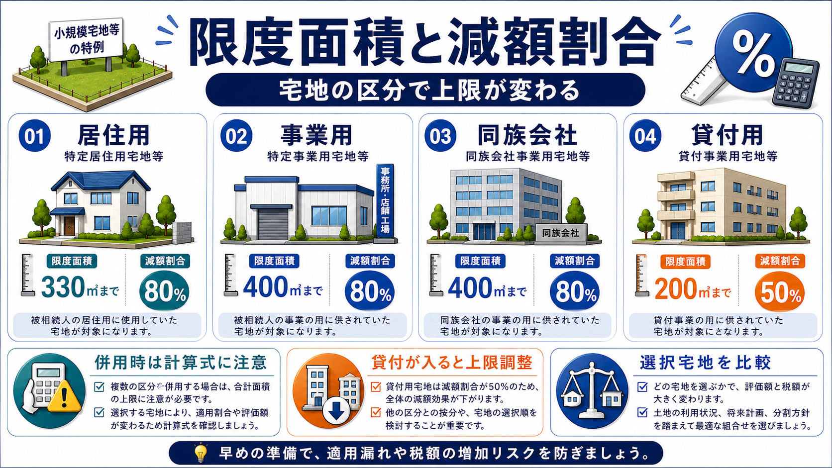 小規模宅地等の特例の330㎡、400㎡、200㎡と80%、50%の関係を示す補足図解