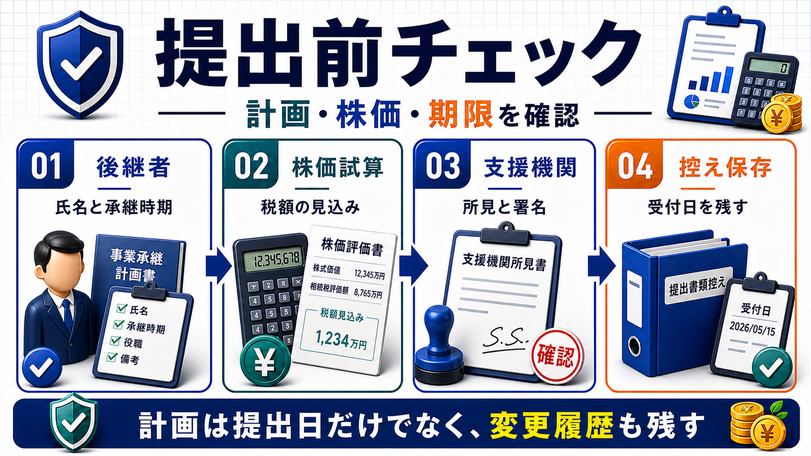 提出前チェック：認定支援機関と確認する資料の要点を整理した図