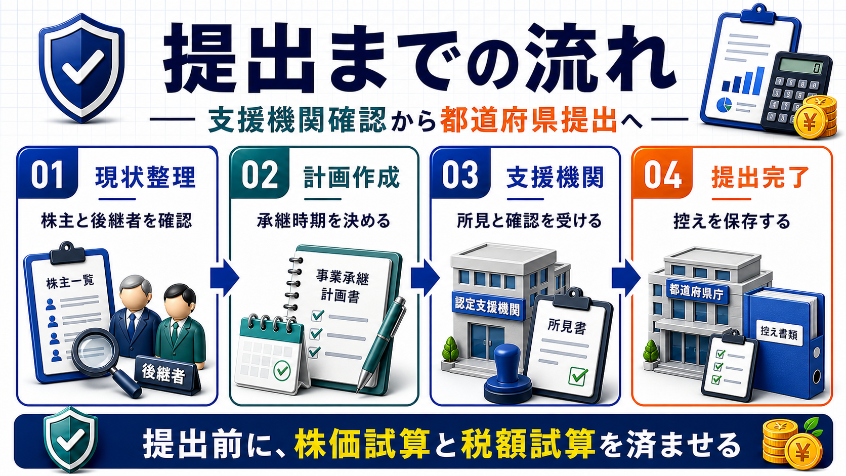 提出から事業承継税制の申告までの流れの要点を整理した図
