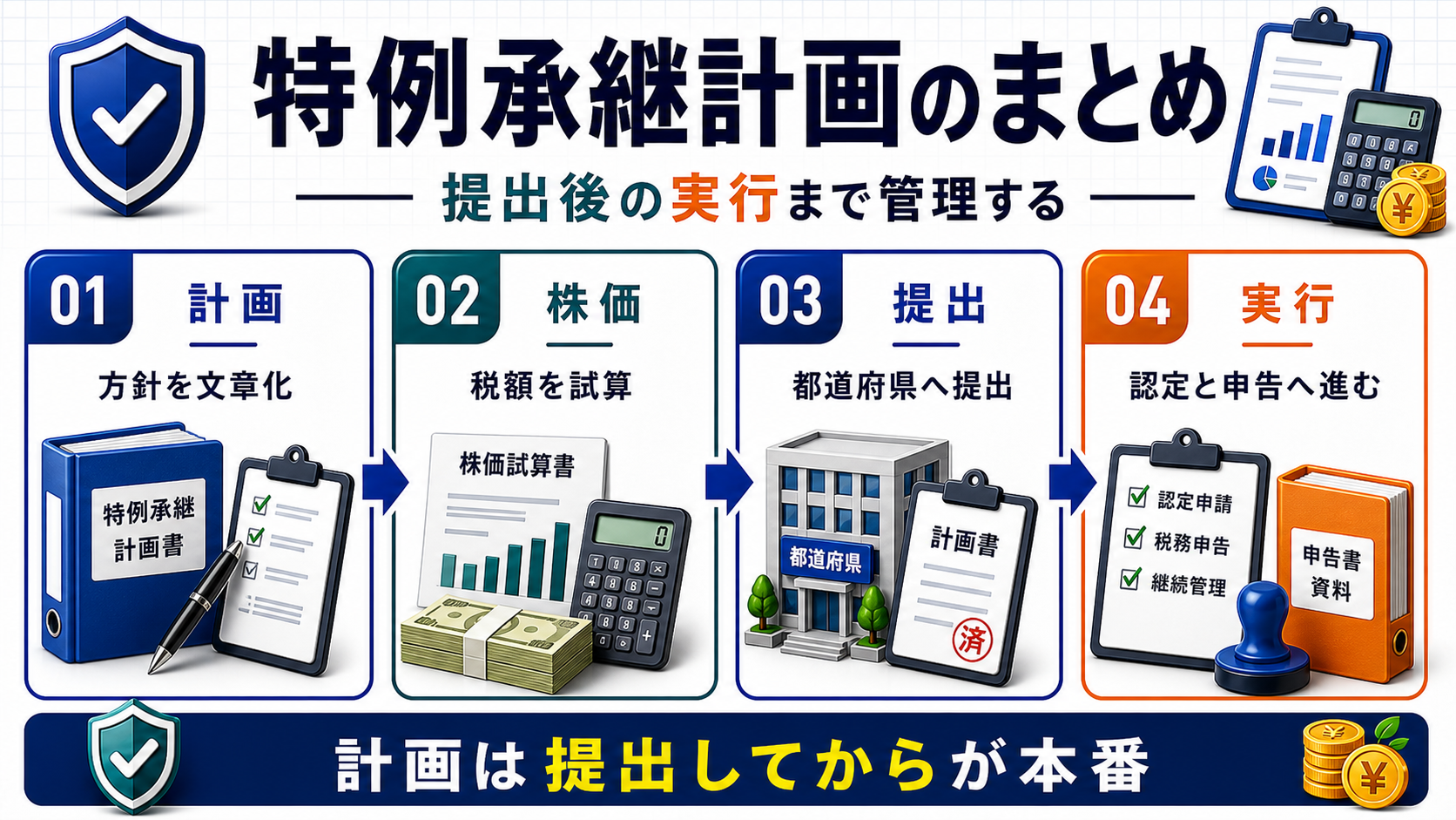まとめ：特例承継計画は期限管理と実行設計が重要を説明する日本語B2Bインフォグラフィック