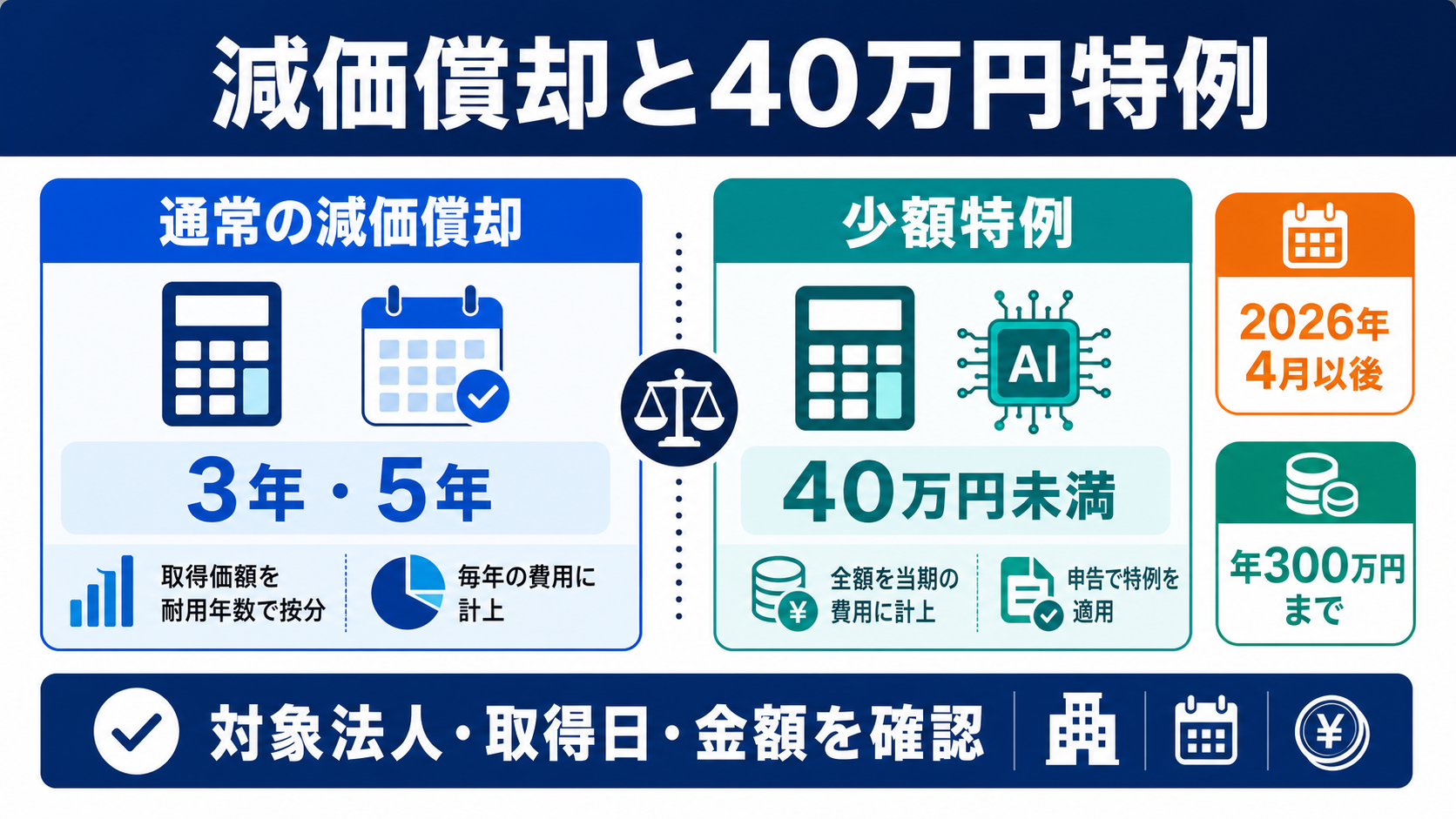 AIソフトウェアの減価償却計算と少額資産特例の要点を整理した図