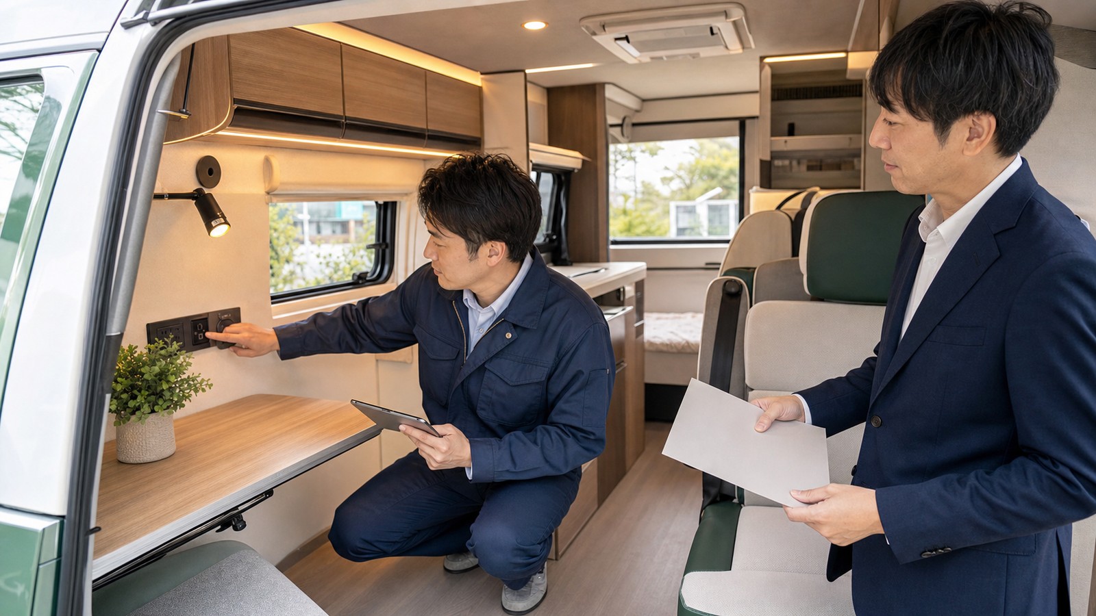 完成したキャンピングカーの車内設備を点検する担当者