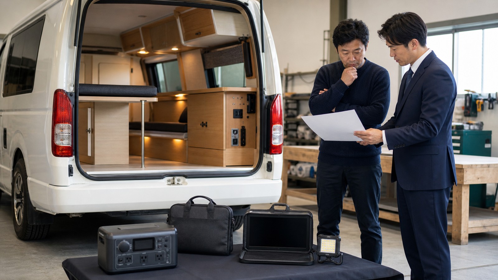 キャンピングカーの固定設備と持ち運べる機器を確認する事業者と専門家