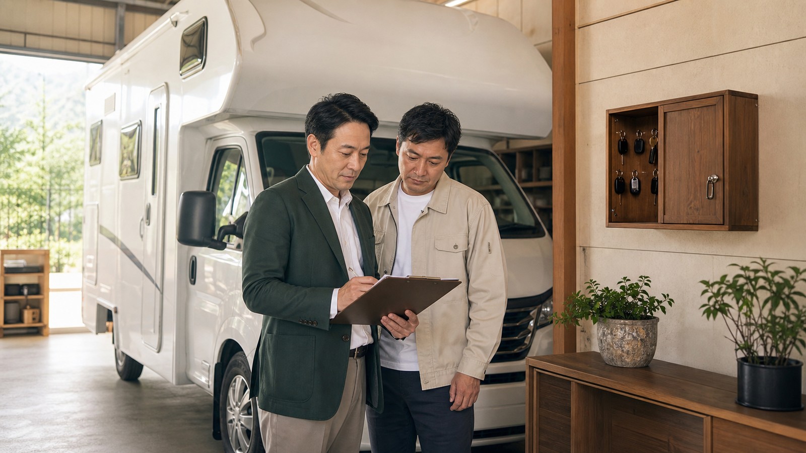 キャンピングカーの利用記録と鍵を管理する会社担当者