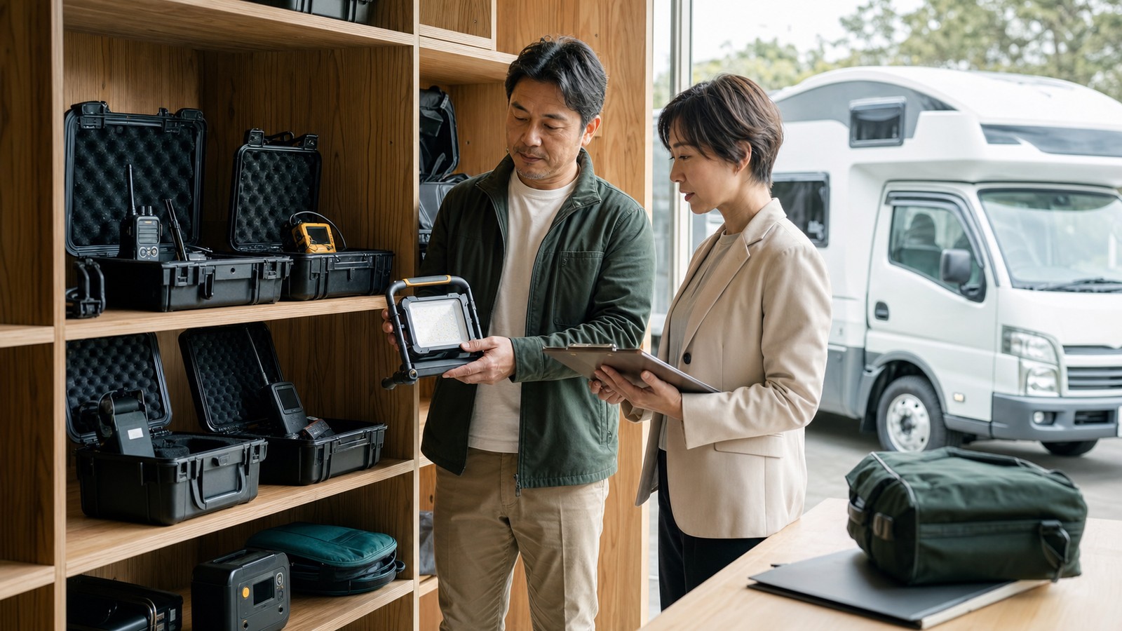 キャンピングカーとは別に管理された持ち運び可能な事業用備品