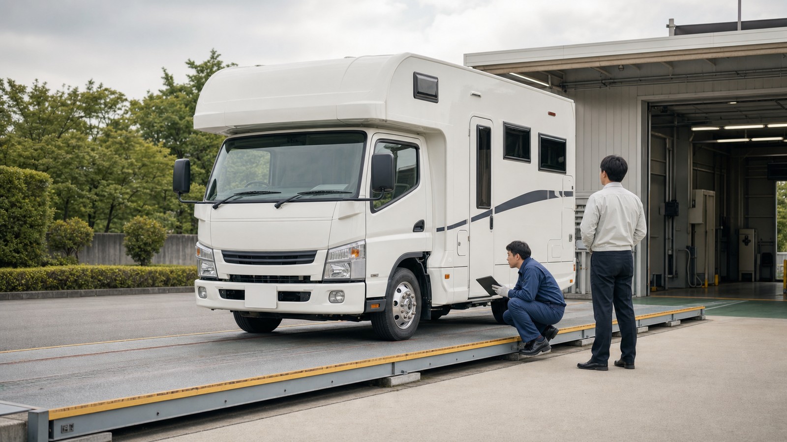 検査レーンで車両区分と重量を確認する大型キャンピングカー