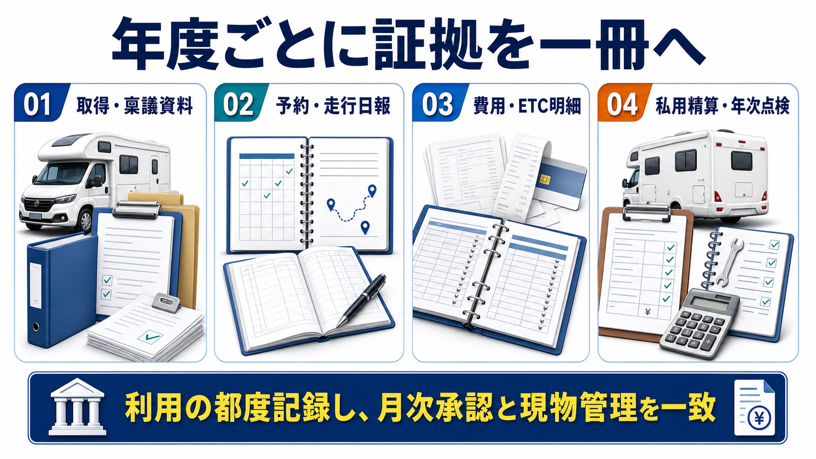 利用規程・走行日報・証憑のチェックリストの要点を整理した図